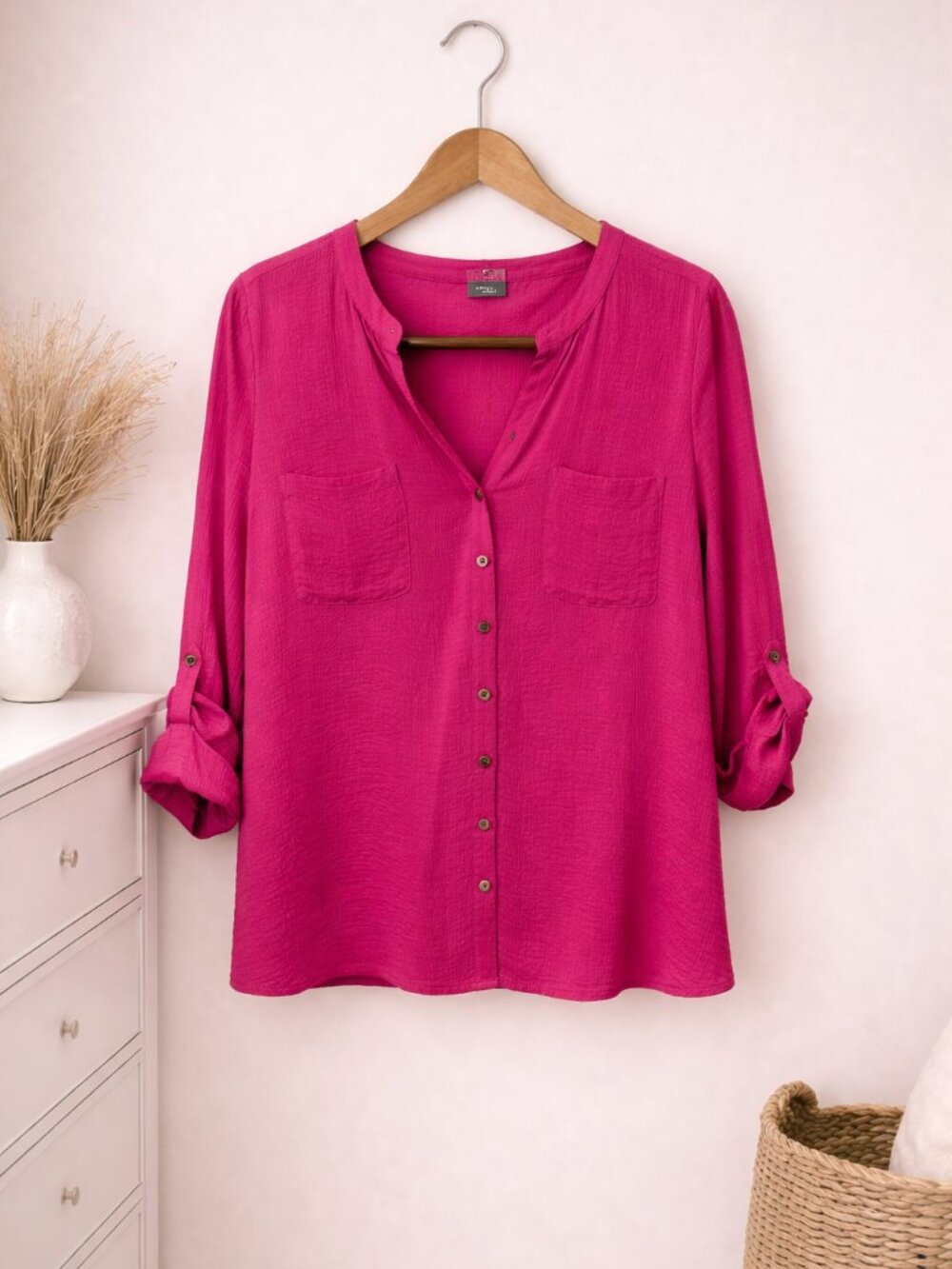 JM Collection Pink Crinkle Button Front Blouse Size 14